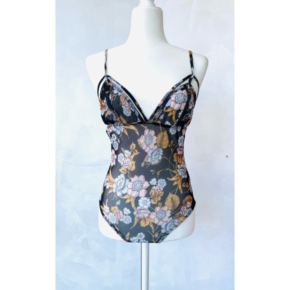 Black and Multi-Coloured Floral Print Mesh Bodysuit. - Picture 1 of 10